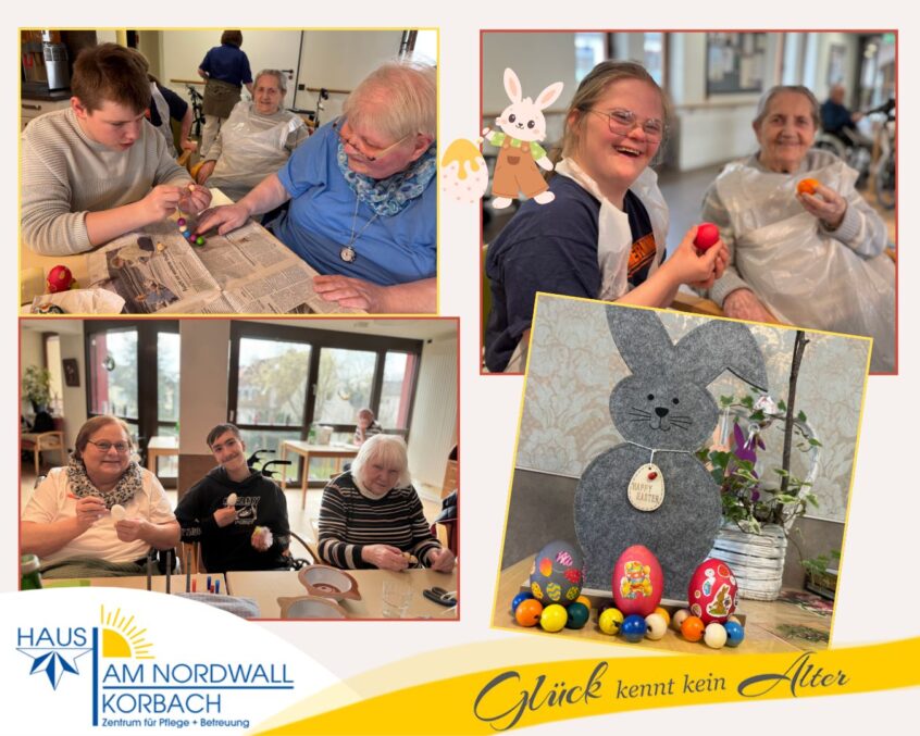 Schüler/innen und Senioren beim Osterbasteln