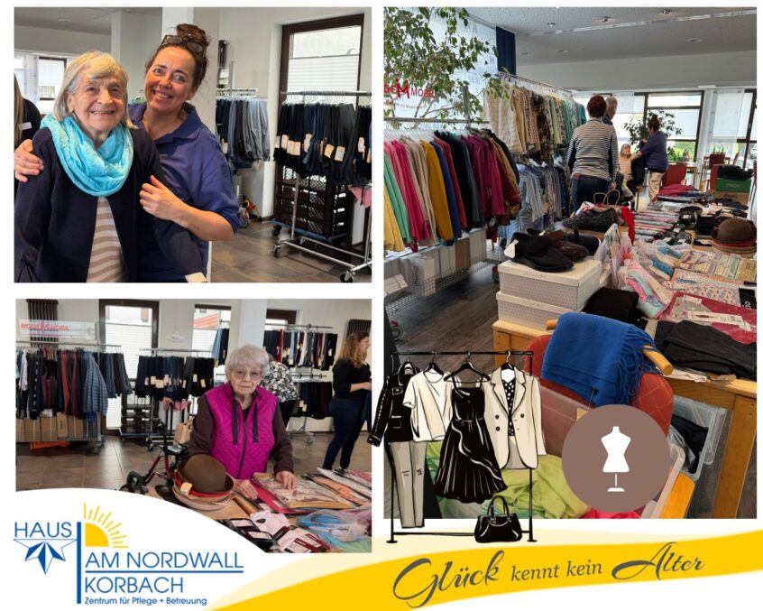 Bewohner/innen beim Auswählen und Anprobieren der Frühlingskollektion